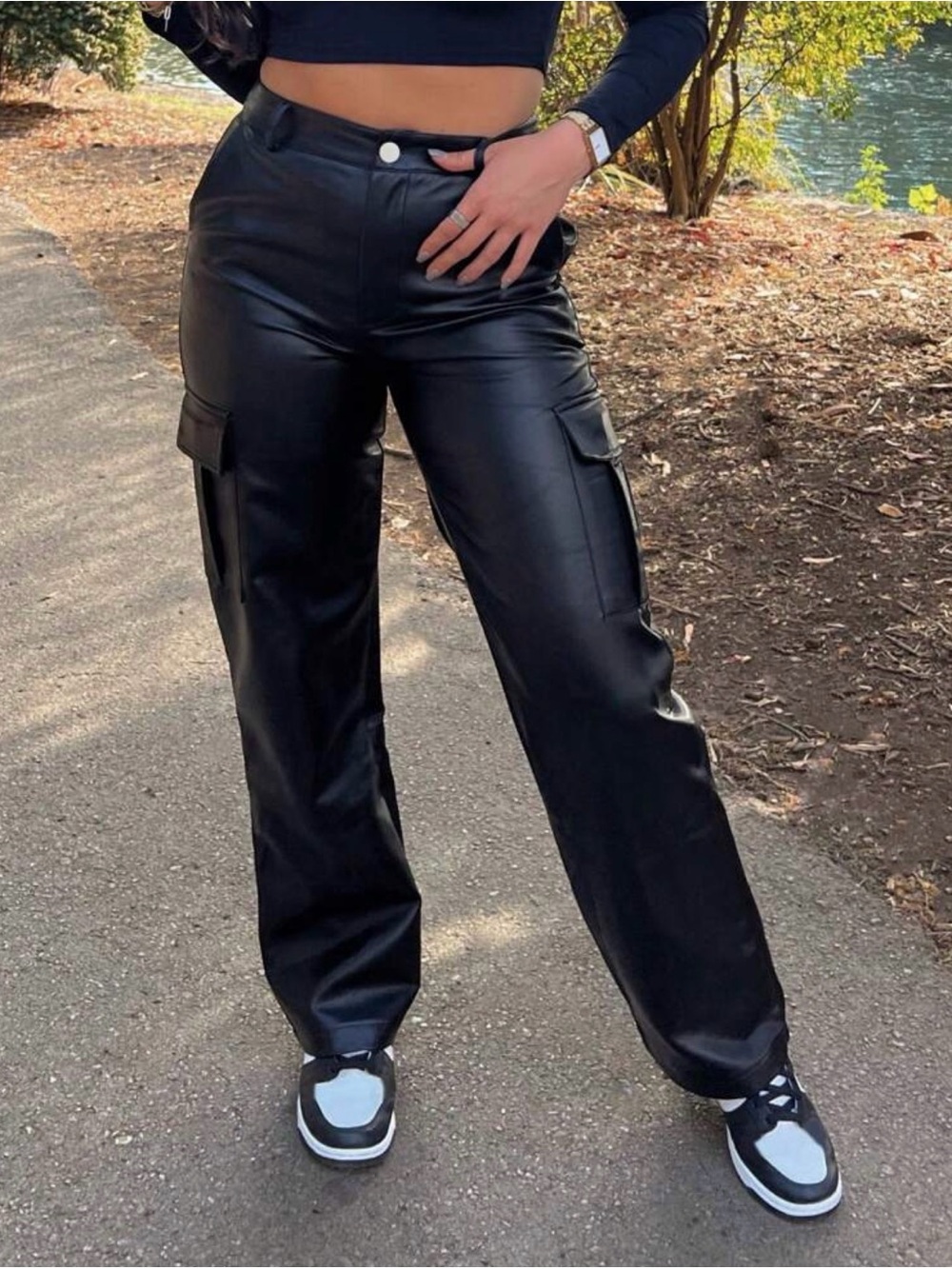SHEIN Black Faux Leather Wide-Leg Cargo Trousers